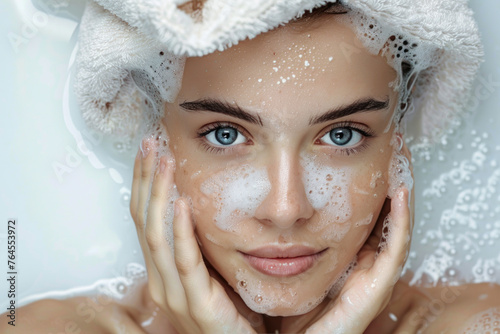 Caucasian woman cleansing face, beauty salon spa skincare body care