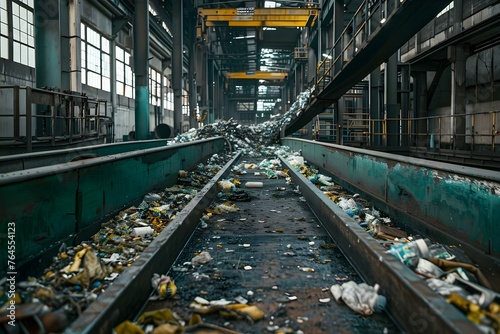 Preparing Collected Waste on a Conveyor Belt for Incineration at a Sorting Center. Concept Waste management, Recycling facility, Conveyor belt operation, Incineration process