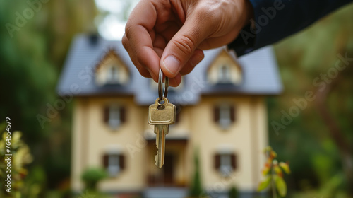 Hand holding a key with a house in the background, representing home ownership