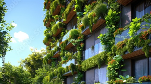 Architectural detail of an eco-friendly residential building with balconies lush with integrated greenery and sustainable design. AIG41