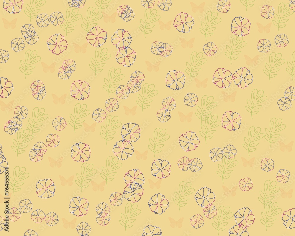 Yellow floral simple pattern background with flowers and leaves
