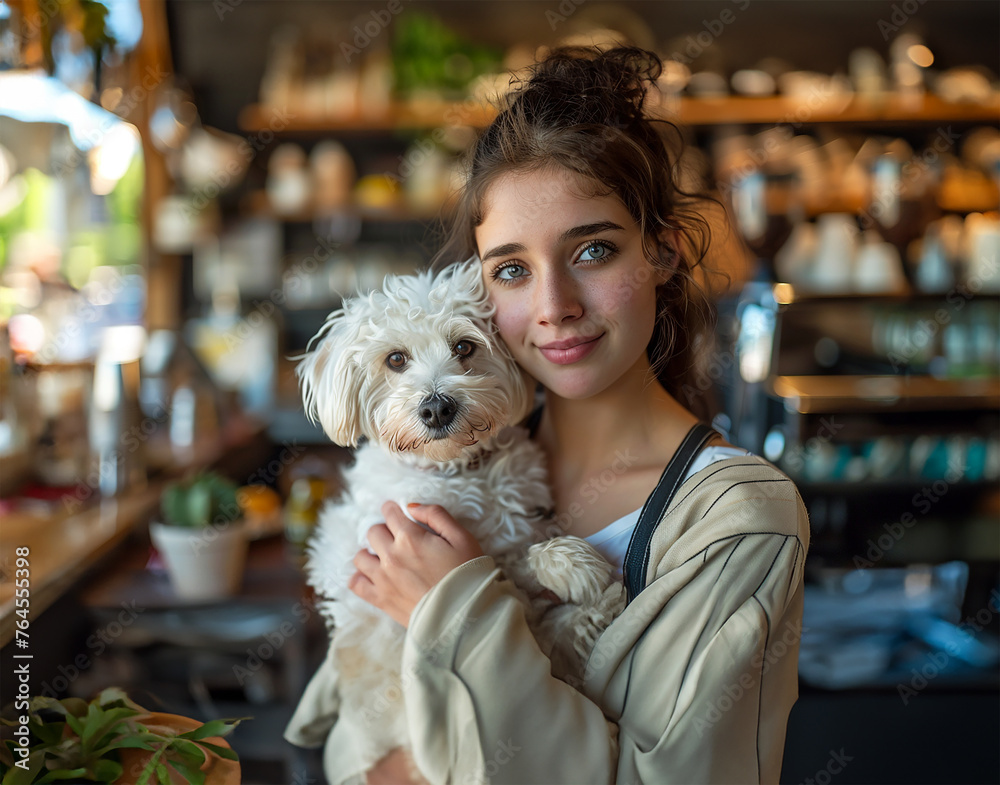 Woman and dog, cozy coffee shop moment Woman and dog, cozy coffee shop moment