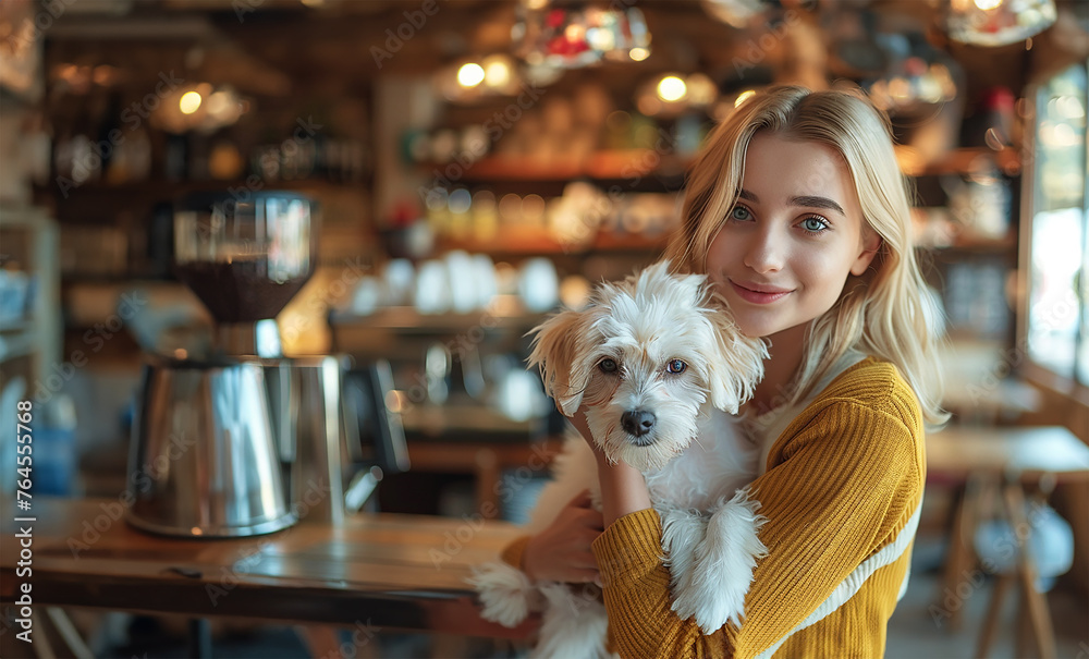 Woman holding dog, coffee shop setting Woman holding dog, coffee shop setting