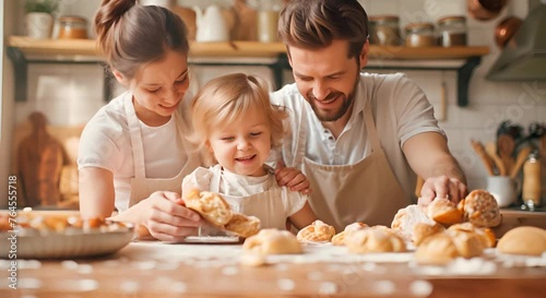 Overjoyed young family with little preschooler kids have fun cooking baking pastry or pie at home together, happy smiling parents enjoy weekend play with small children doing bakery cooking in kitchen photo