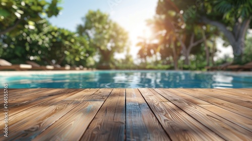 Smooth and shiny wooden deck by a serene pool, perfect for relaxation and leisure moments