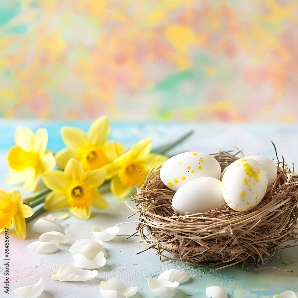 Obraz premium Easter holiday celebration banner with white and yellow eggs in a nest basket and daffodil flowers symbolizing the joy of Easter.