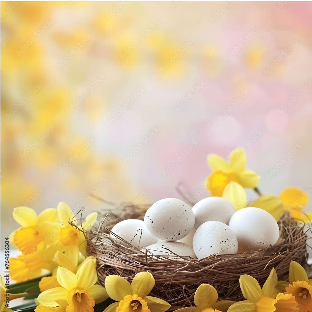 Obraz premium Festive Easter holiday banner with white and yellow eggs in a nest basket and daffodil flowers, perfect for greeting cards or banners.