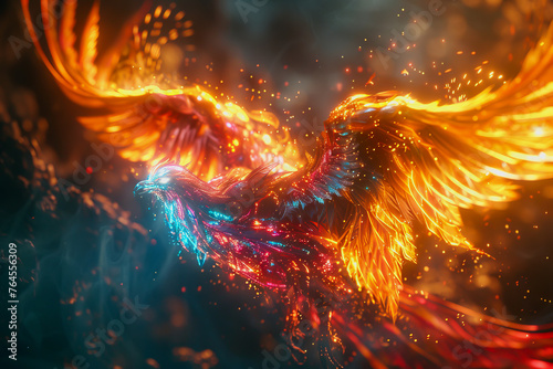 hologram of a transparent mythical phoenix glowing with ethereal radiance. © Jirapong