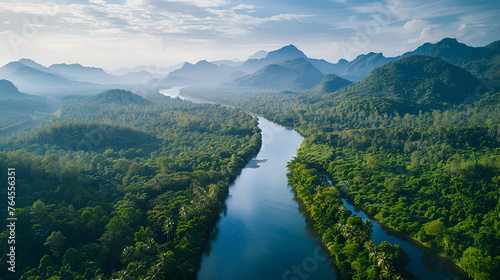 Beautiful tropical forest and rivers in thailand Beautiful natural scenery of river in southeast Asia tropical green forest with mountains in background, aerial view drone shot, Generative Ai