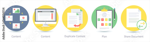 A set of 5 Seo icons as content, duplicate content, plan