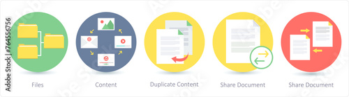 A set of 5 Seo icons as files, content, duplicate content, share document