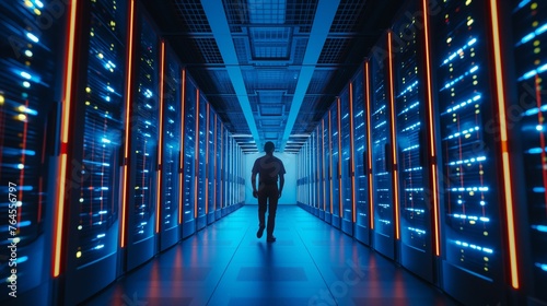 Technician walking between server racks with blue and red lights in a modern data center.