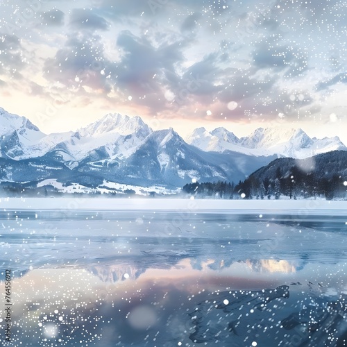 Beautiful winter landscape with snow-covered mountains and a frozen lake, capturing the serene atmosphere of a snowy day.