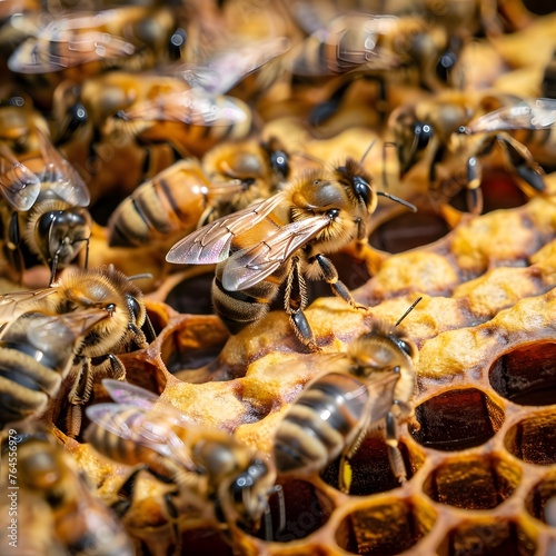 Macro shot of a marked queen bee (Apis Mellifera) with worker bees in a bustling hive, depicting the organized and thriving life inside a bee colony.