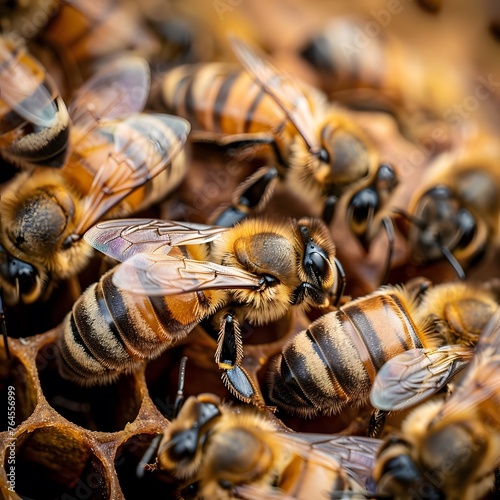 Macro shot of a marked queen bee (Apis Mellifera) with worker bees in a bustling hive, depicting the organized and thriving life inside a bee colony.