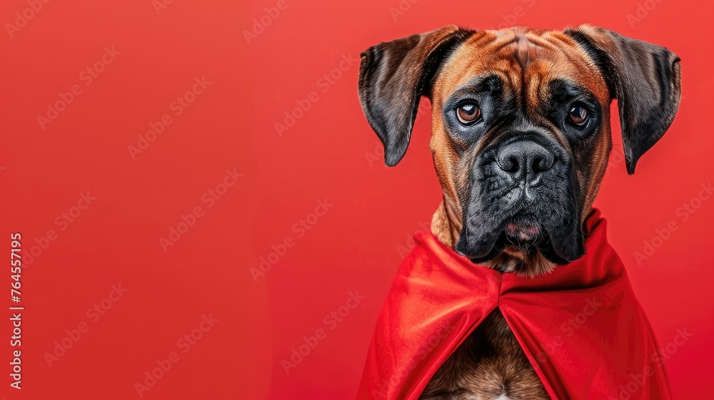 Boxer dog wearing a red cape against a red background.