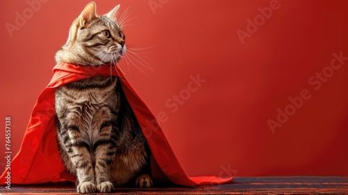 Tabby cat with a heroic stance wearing a red cape against a red background. photo