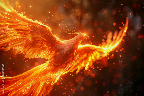 hologram of a transparent mythical phoenix glowing with ethereal radiance.