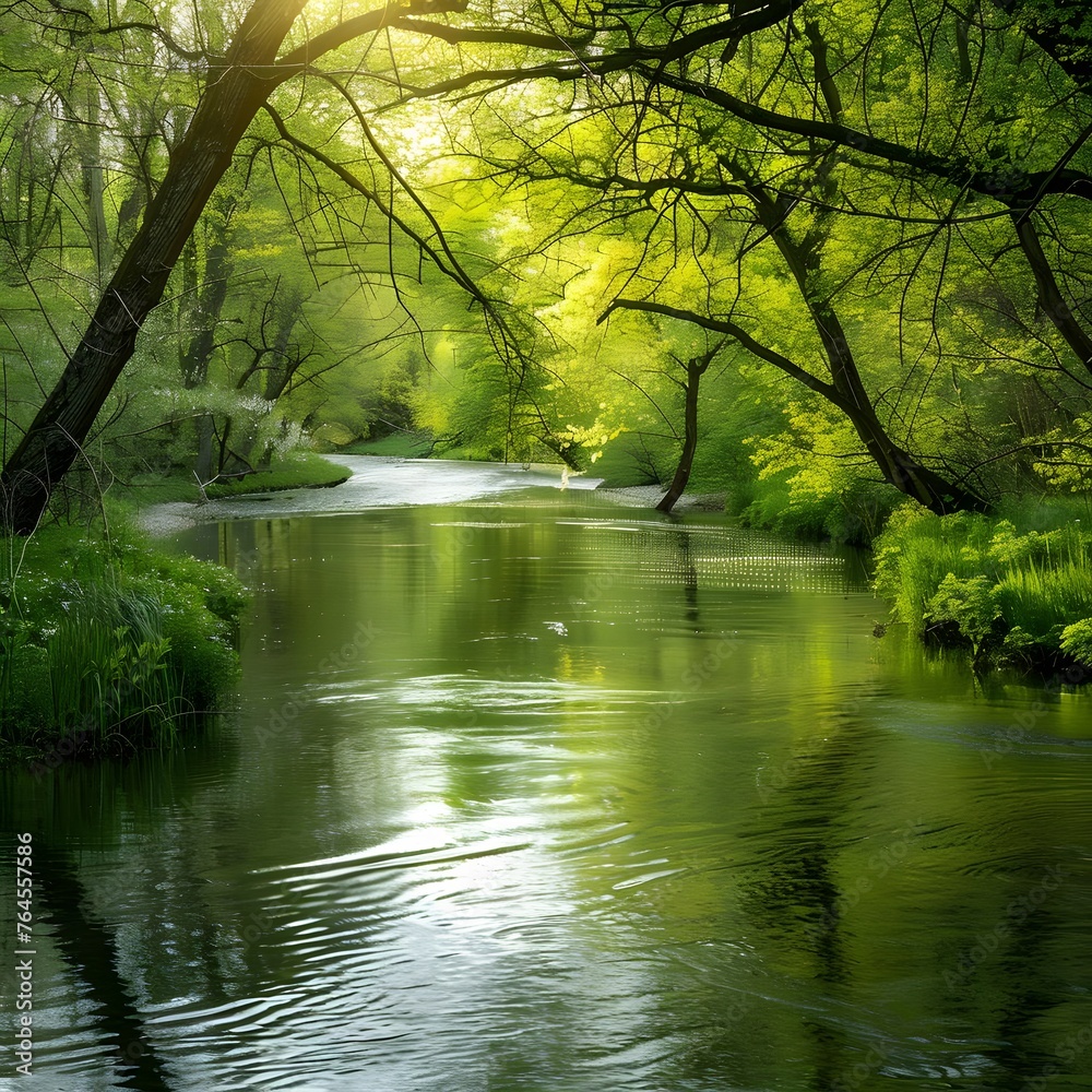 A serene river flowing through a blossoming spring forest, reflecting the vibrant greenery and renewal of spring. A serene river flowing through a blossoming spring forest, reflecting the vibrant greenery and renewal of spring.