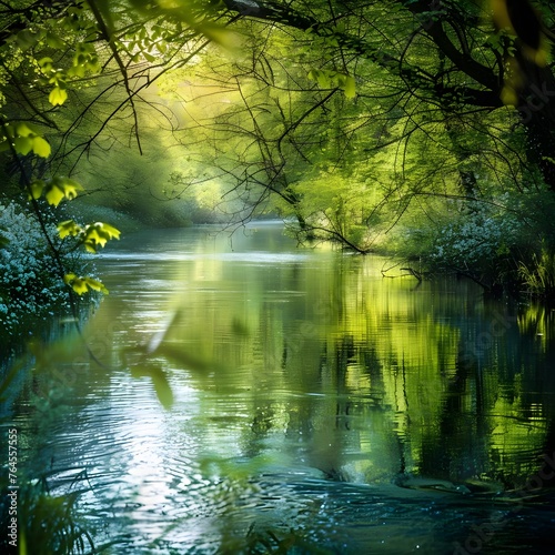 A serene river flowing through a blossoming spring forest  reflecting the vibrant greenery and renewal of spring.