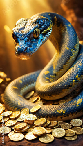 snake reptile with spots sits on treasures. Lying on a big pile of gold