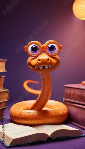 An orange snake wearing glasses reptile sits on a table with books. © Вероника Преображенс