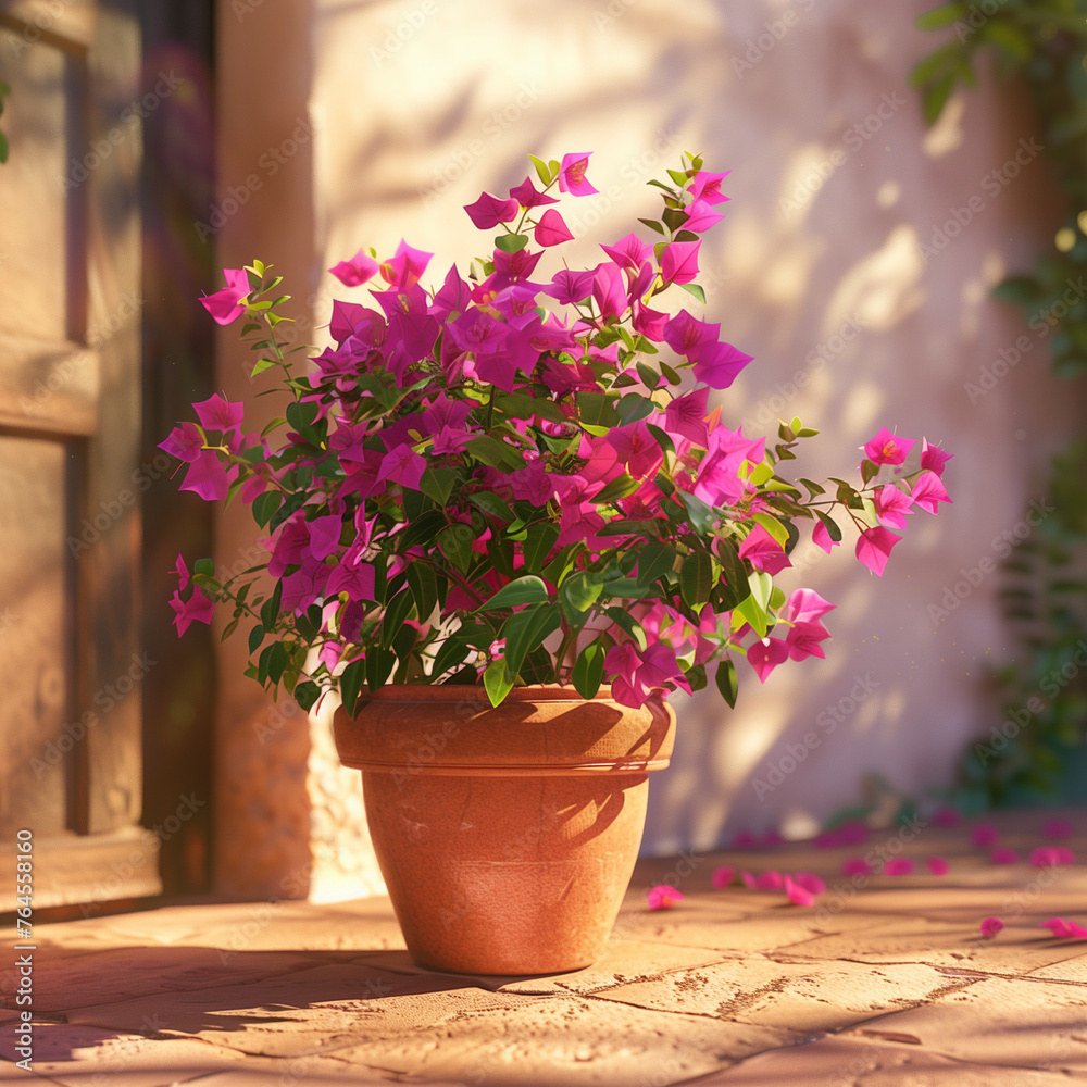 Bougainvillea plant with magenta flowers potted in a terracotta pot on a sunny patio