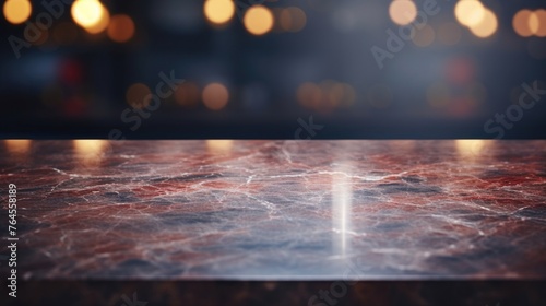 Modern empty dark marble table top or kitchen island on blurry bokeh kitchen photo