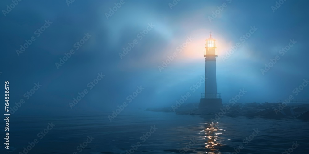 A lighthouse is lit up in the fog