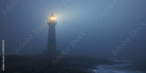 A lighthouse is lit up in the fog