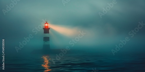 A lighthouse is lit up in the fog