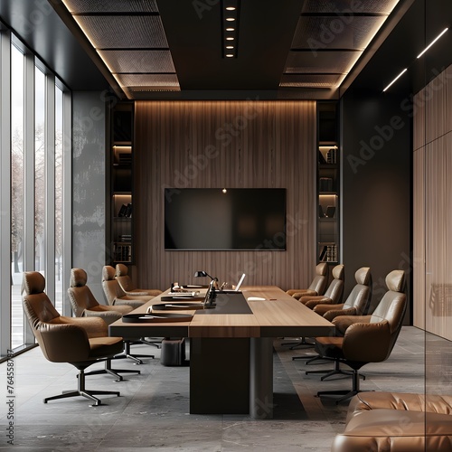 black Office, furniture, meeting room, tech office, sitting area, meeting table, Office with windows and table chair, Office with window and light, CEO office, office with led tv photo