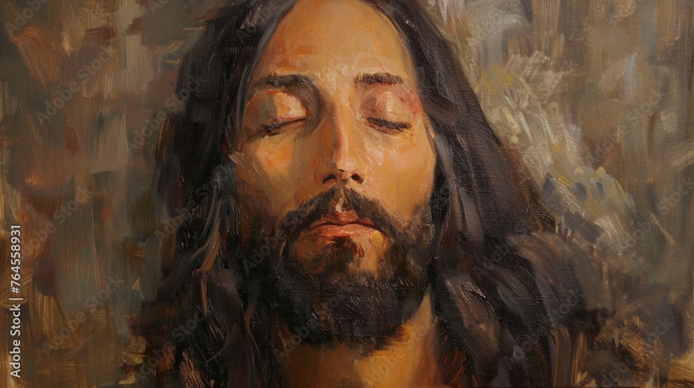 Oil painting of Jesus with long hair and a beard. Close your eyes and meditate deeply.ai generated.