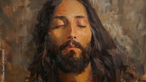 Oil painting of Jesus with long hair and a beard. Close your eyes and meditate deeply.ai generated.