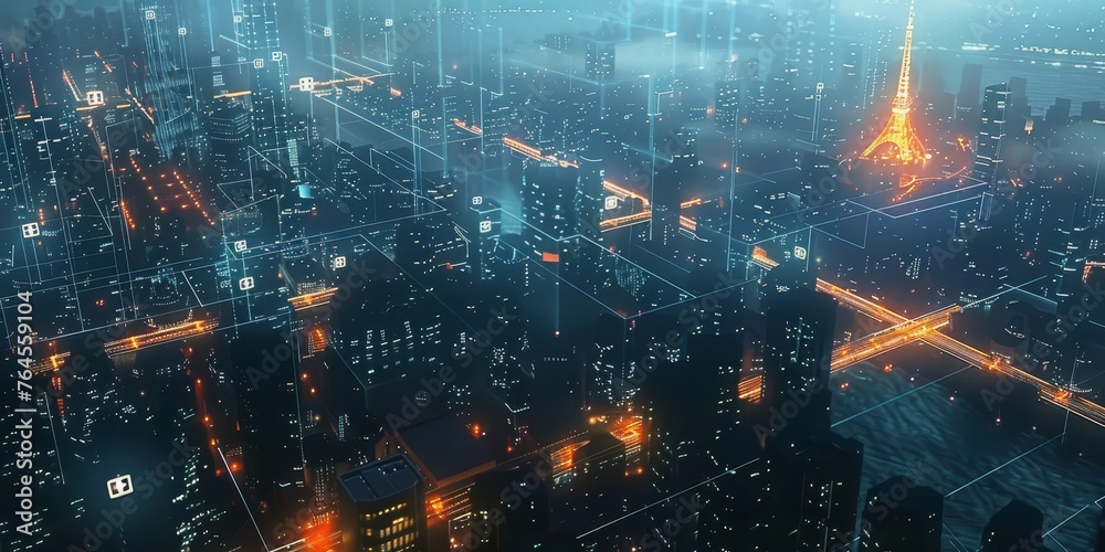 Fototapeta premium A cityscape with a bright orange Eiffel Tower in the center