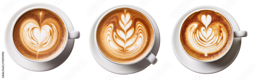 Set of paper take away cups of different coffee latte or cappuccino isolated on white background, top view Set of paper take away cups of different coffee latte or cappuccino isolated on white background, top view