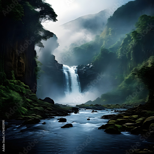 Through the mist-shrouded valley, a majestic waterfall cascades down into a tranquil pool below.