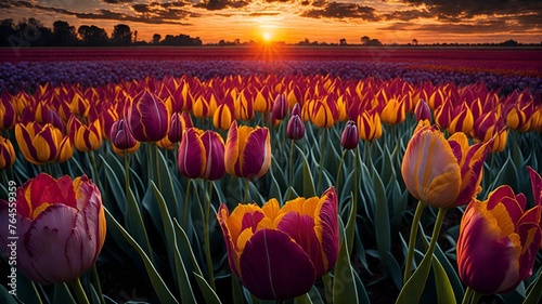 An enchanting field of tulips dances under a golden sun, their petals a dizzying kaleidoscope of hues and shapes. This striking scene, captured in a stunning photograph, showcases the vibrant beauty  photo