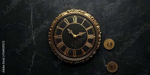 Old golden  clock on the wall with black background.