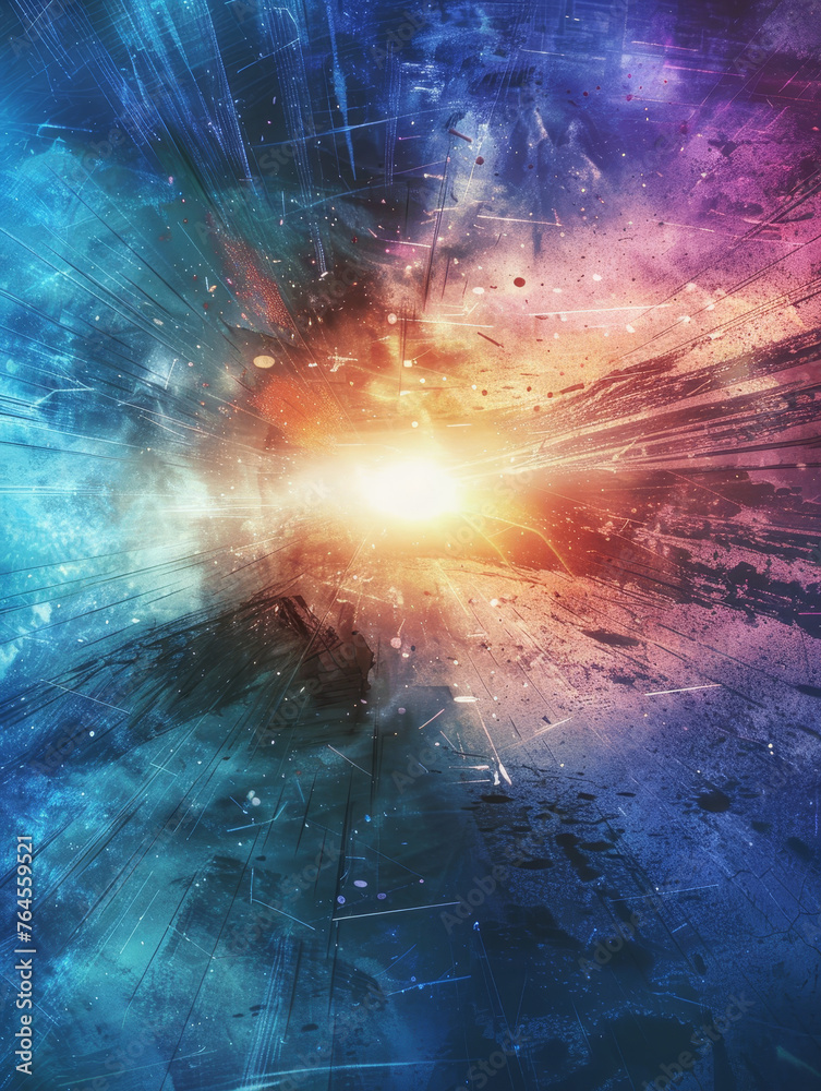 An explosive burst of blue and purple light with a grungy cosmic texture.