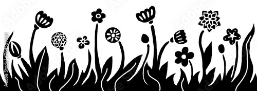 Panorama of flowers and herbs on a white background. Stylization. Black silhouettes. Decorative, simple elements. Lines, dots, petals. Printmaking style. Ornamental.