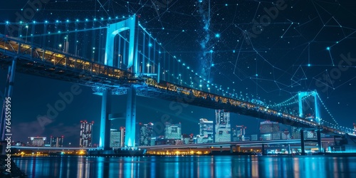 A bridge spans a river in a city at night