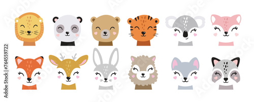 Cartoon cute baby animals for baby cards, baby shower invitation,print,poster. Vector illustration.Deer,cat, bunny,koala,llama,alpaca, raccoon,fox,unicorn, wolf,bear,lion,panda,tiger,dog,rabbit,hare © yuliabikirova