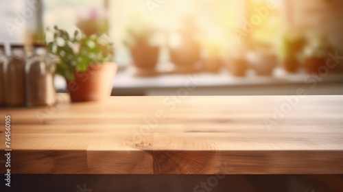 Wooden table on blurred kitchen bench background. Empty wooden table and blurred kitchen background