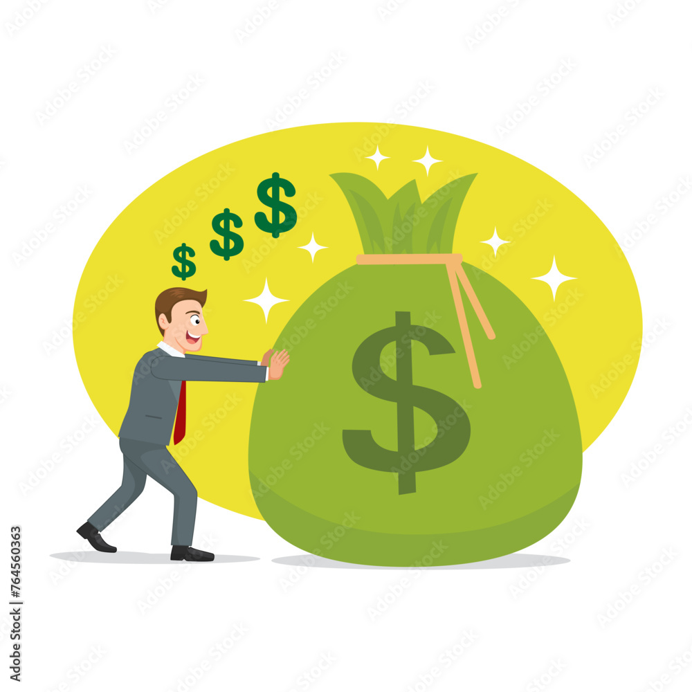 Businessman pushing big bag of money. Flat, Poster, Vector, Illustration, Cartoon, EPS10.