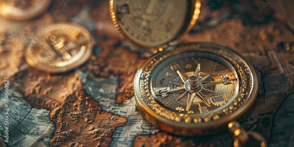 A gold pocket watch with a compass on it is on a map