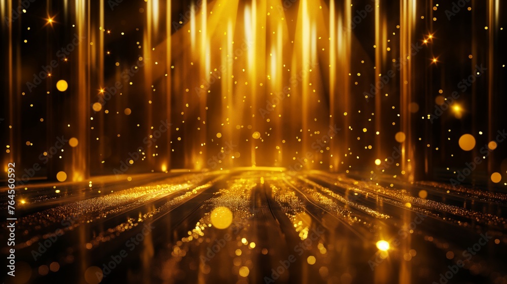 Abstract golden light rays with sparkling particles on a dark background creating a festive atmosphere.