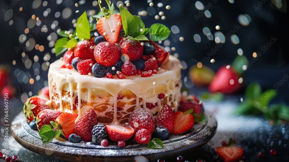 A delicious cake covered in intricate icing designs and topped with a variety of fresh fruits emerges from the food printer
