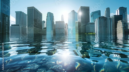 Partly submerged cityscape with clear waters in the foreground and skyscrapers bathed in sunlight in the background. photo