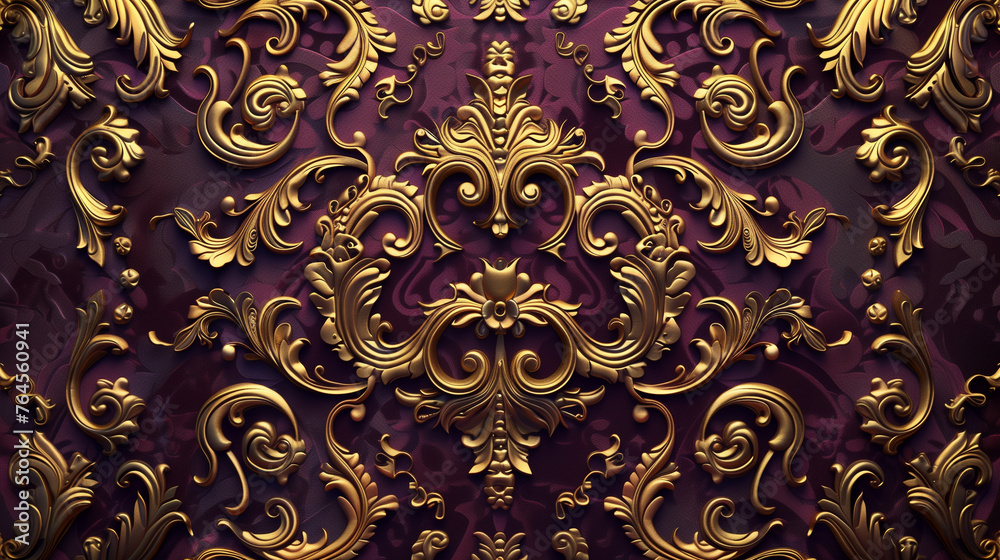 Royal convex golden baroque stucco patterns on wine purple background Royal convex golden baroque stucco patterns on wine purple background